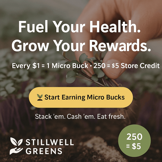 Promotional graphic for Stillwell Greens with text about earning micro bucks and store credit.